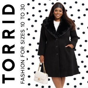 Torrid Black Fit & Flare Faux Fur Collar Coat, 1x, NWT!